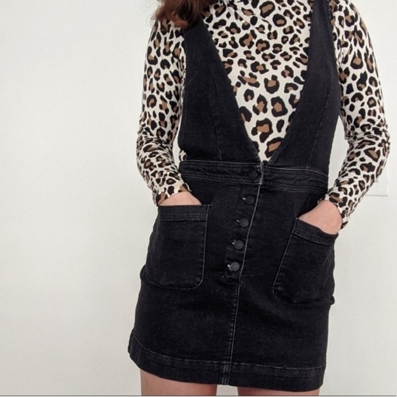 Free People Old School Love Black Wash Denim Mini Dress Overalls Skirtall - Picture 1 of 9